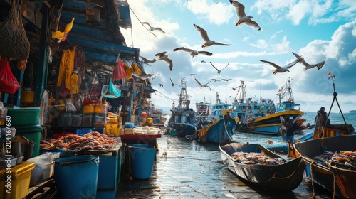 Wallpaper Mural A bustling fishing market with boats and seagulls Torontodigital.ca