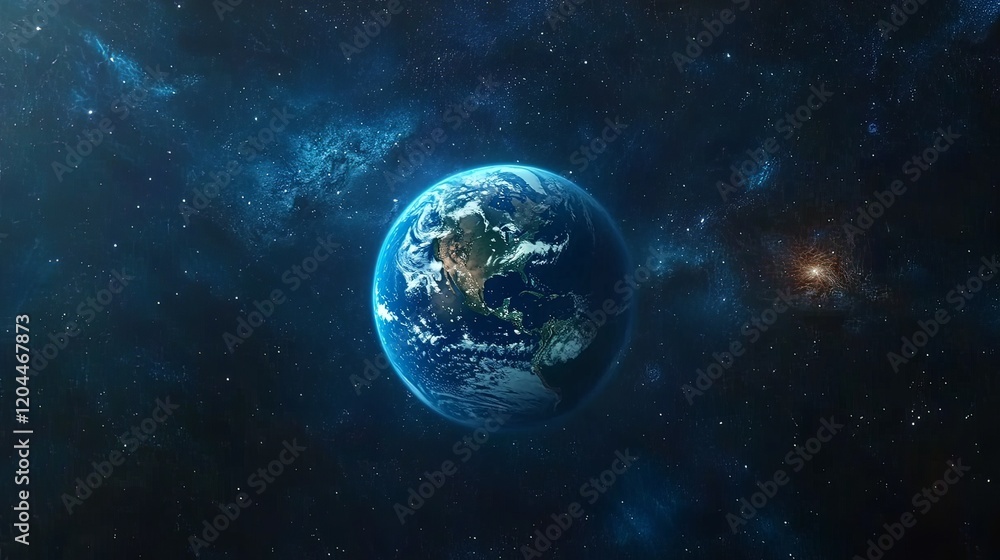 Obraz premium The Earth in Space with Artistic Representation of America, Surrounded by Stars, Galaxies, and a Deep Blue Background – A Focused View of Nature