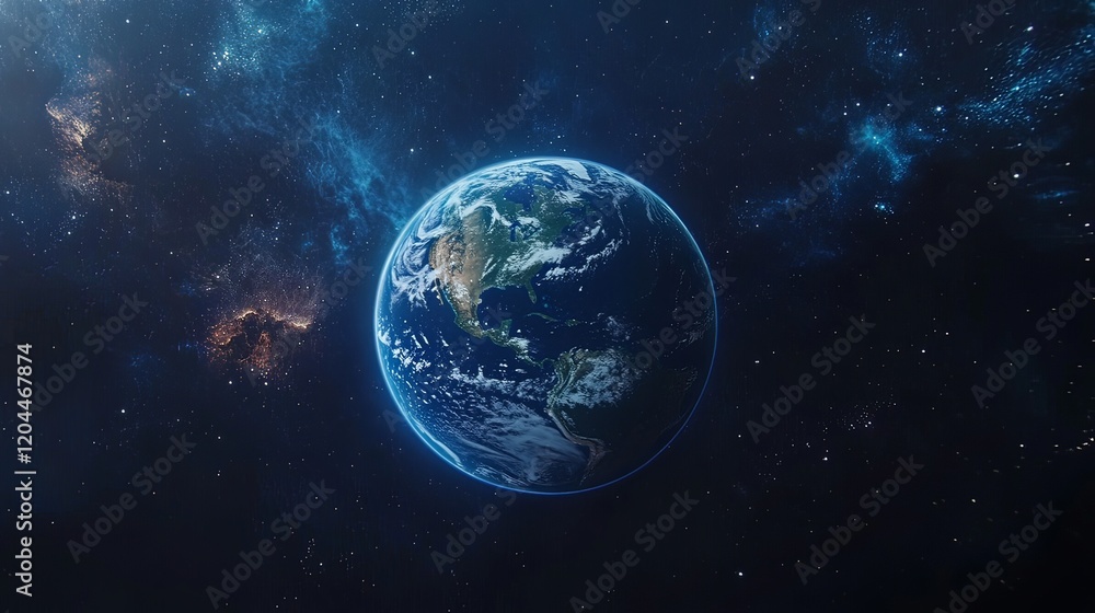 Obraz premium The Earth in Space with Artistic Representation of America, Surrounded by Stars, Galaxies, and a Deep Blue Background – A Focused View of Nature