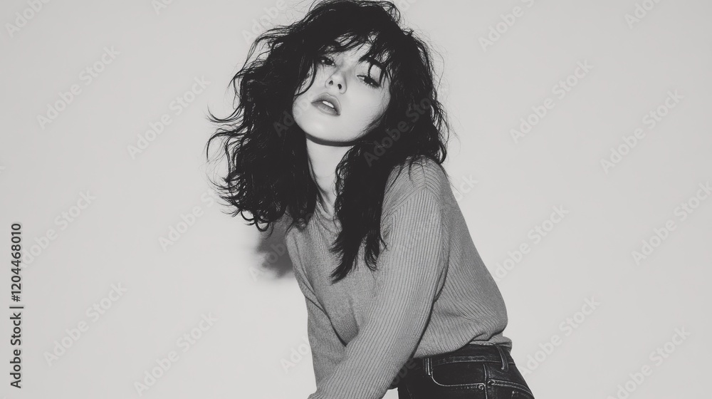 Fototapeta premium Black and white portrait capturing a woman with tousled hair, wearing casual attire, exuding a contemplative and stylish vibe.