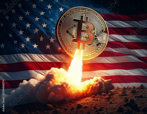 bitcoin crypto currency with a rocket ship going to the moon American flag background photo