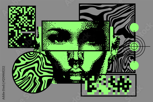 Retrofuturistic pixel art collage with different textures and glitched human face parts. Conceptual vector illustration of the Artificial Intelligence and Future Technology.