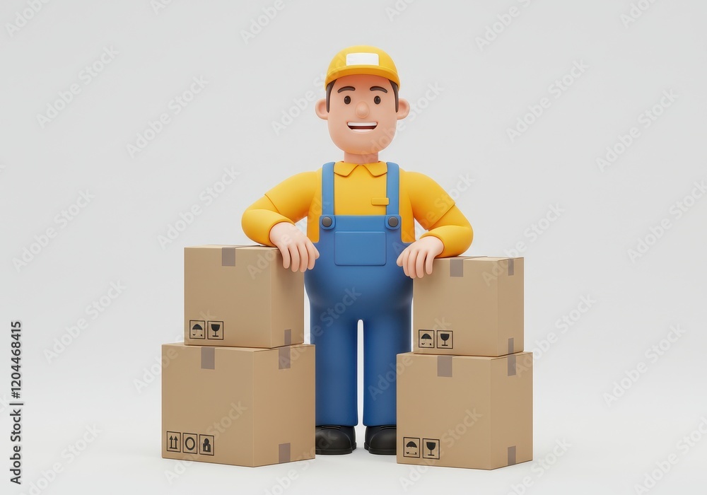 A 3D illustration of a smiling delivery worker wearing a yellow shirt and blue overalls leaning on a stack of cardboard boxes, A 3D illustration of a smiling delivery worker wearing a yellow shirt and blue overalls leaning on a stack of cardboard boxes,