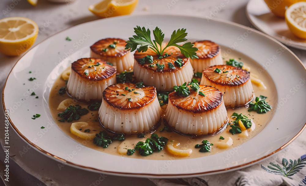 A plate of food with a garnish of parsley and lemon slices. The dish is a seafood appetizer with a creamy sauce A plate of food with a garnish of parsley and lemon slices. The dish is a seafood appetizer with a creamy sauce