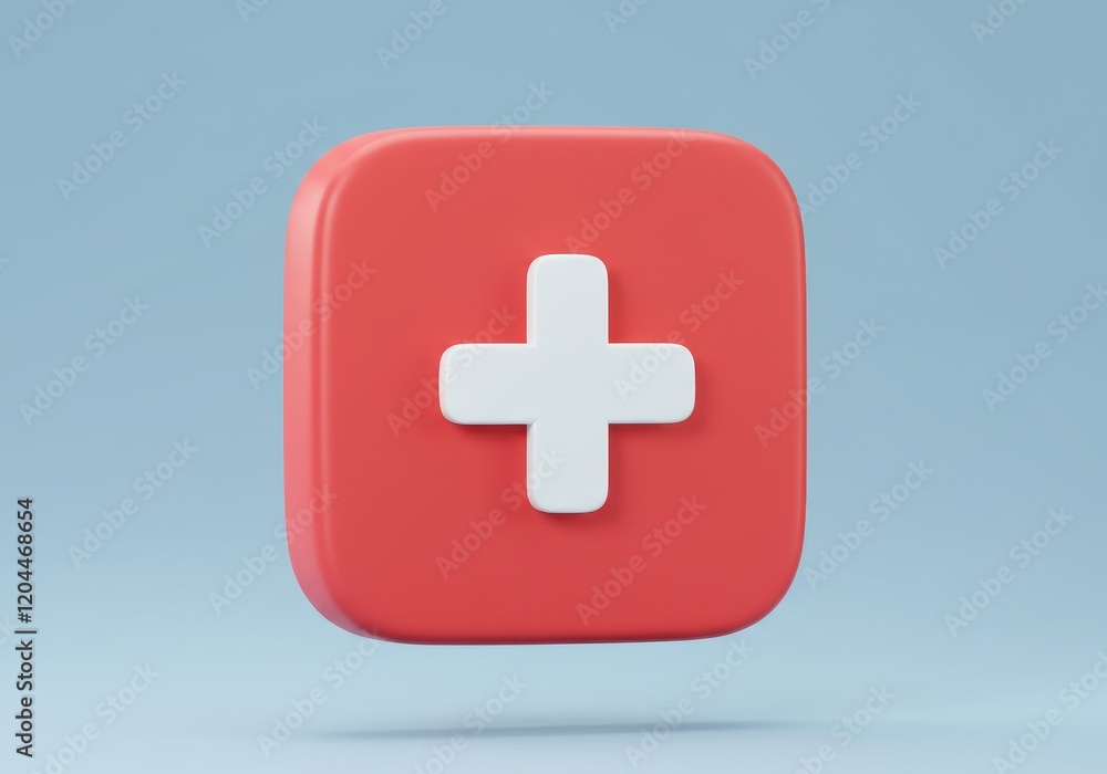 A 3D illustration of a medicine red signs with rounded edges and a white cross symbol in the center, set against a light blue background A 3D illustration of a medicine red signs with rounded edges and a white cross symbol in the center, set against a light blue background