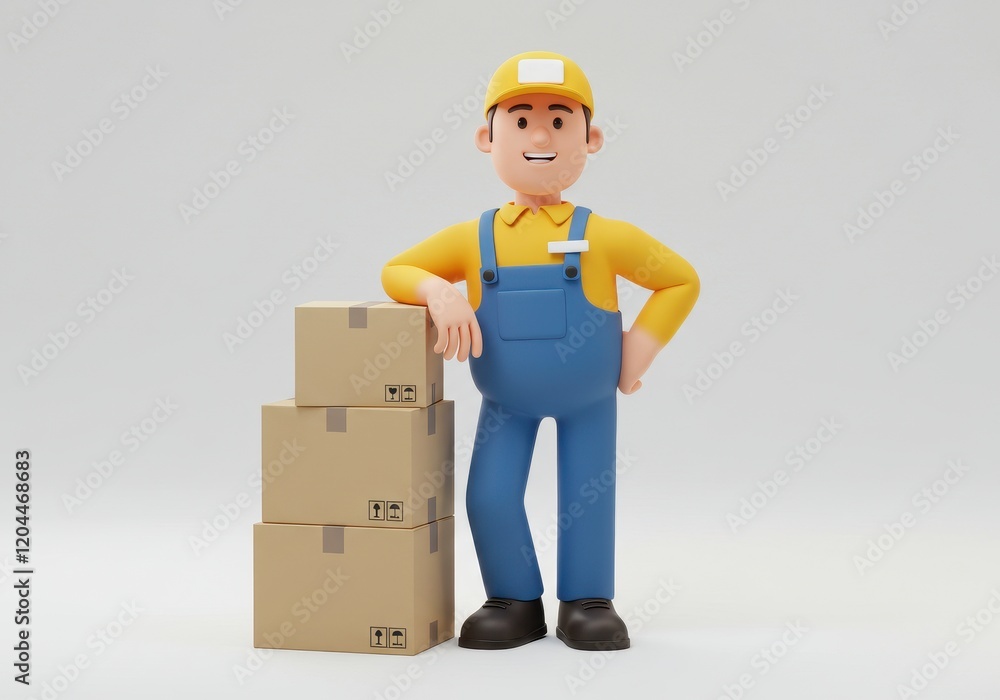 A 3D illustration of a smiling delivery worker wearing a yellow shirt and blue overalls leaning on a stack of cardboard boxes, A 3D illustration of a smiling delivery worker wearing a yellow shirt and blue overalls leaning on a stack of cardboard boxes,