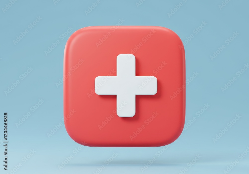 Fototapeta premium A 3D illustration of a medicine red signs with rounded edges and a white cross symbol in the center, set against a light blue background