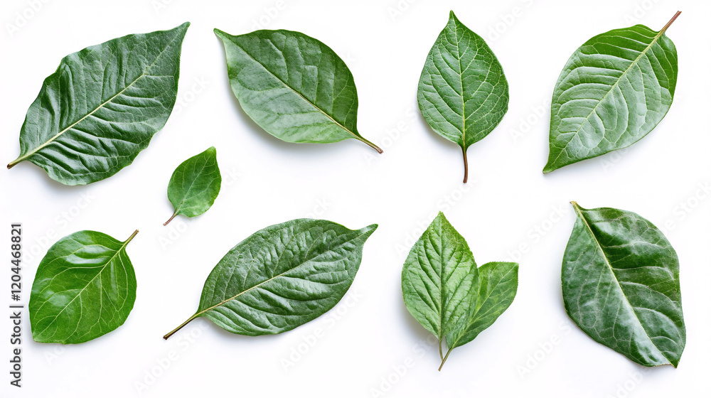 A collection of fresh green leaves arranged on a clean white background showcasing natural textures and organic symmetry
A collection of fresh green leaves arranged on a clean white background showcasing natural textures and organic symmetry
