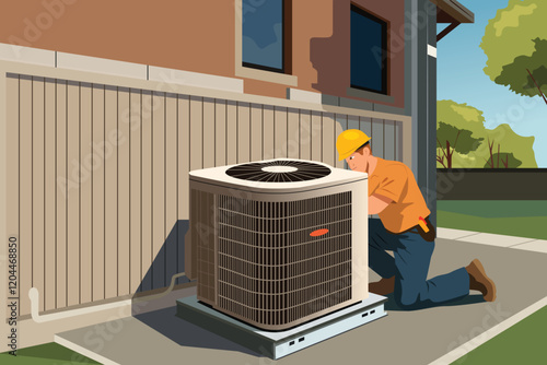HVAC Air Conditioning Worker Technician Working Vector Illustration