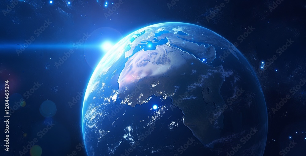 Fototapeta premium Epic Close-Up of Earth from Space with Sunlight Glowing on its Surface, Stars in the Background and Distant City Lights 