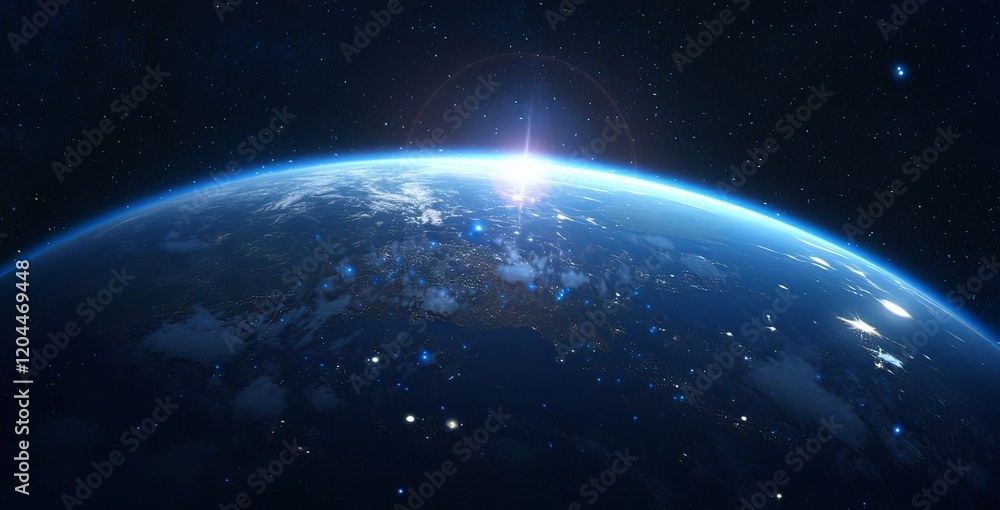Fototapeta premium Epic Close-Up of Earth from Space with Sunlight Glowing on its Surface, Stars in the Background and Distant City Lights 