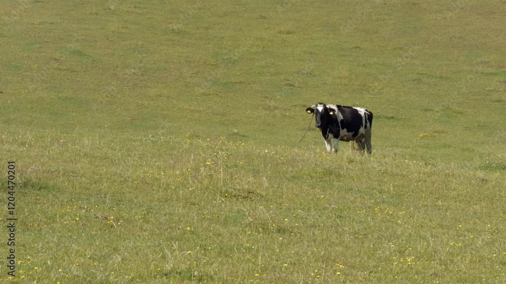Two cows graze peacefully on a vibrant green hillside, one standing and the other lying down, enjoying the serene landscape and ample pasture. Village, farm animals, country
Two cows graze peacefully on a vibrant green hillside, one standing and the other lying down, enjoying the serene landscape and ample pasture. Village, farm animals, country