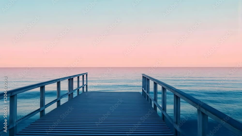 Tranquil ocean sunrise on a wooden pier with gentle waves Tranquil ocean sunrise on a wooden pier with gentle waves