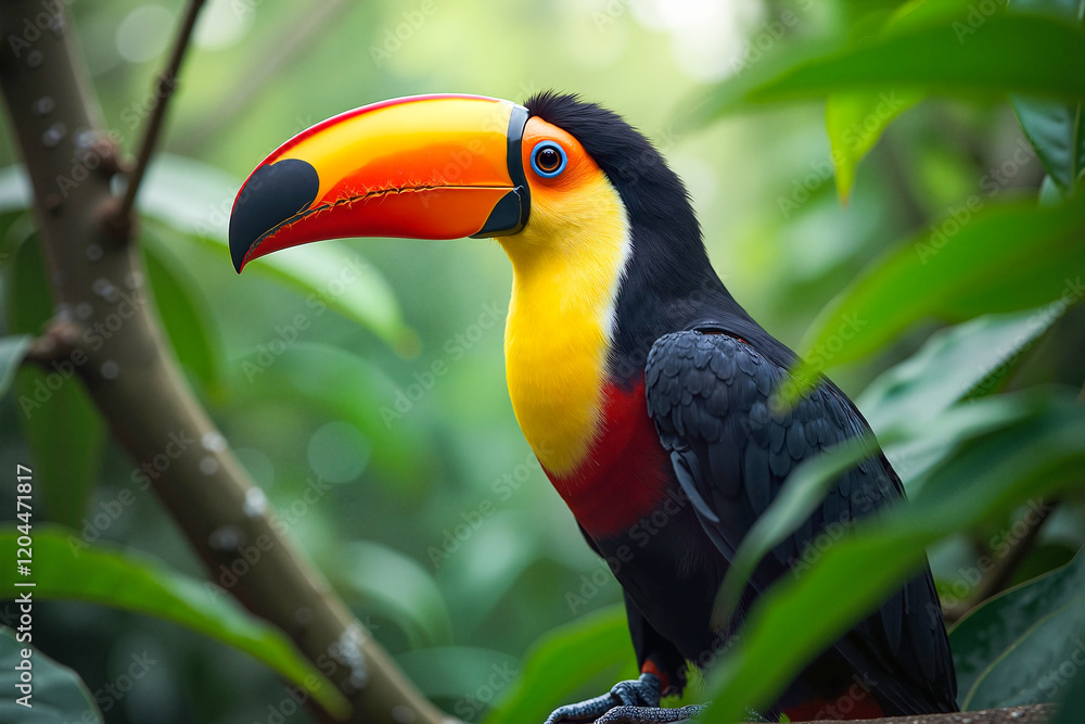 Fototapeta premium Toucan perched amidst lush rainforest greenery, showcasing vibrant wildlife beauty, tropical nature concept.