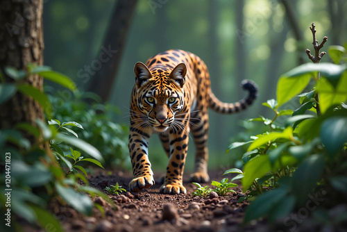 A jaguar  stalking its prey through dense jungle undergrowth, stealthy predator. Concept of survival and natural instincts. photo