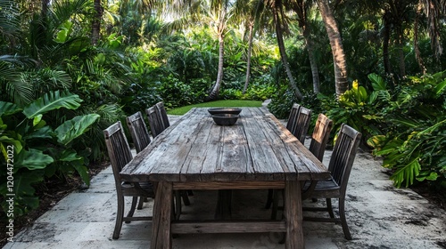 Rustic Wooden Table in Lush Tropical Garden photo