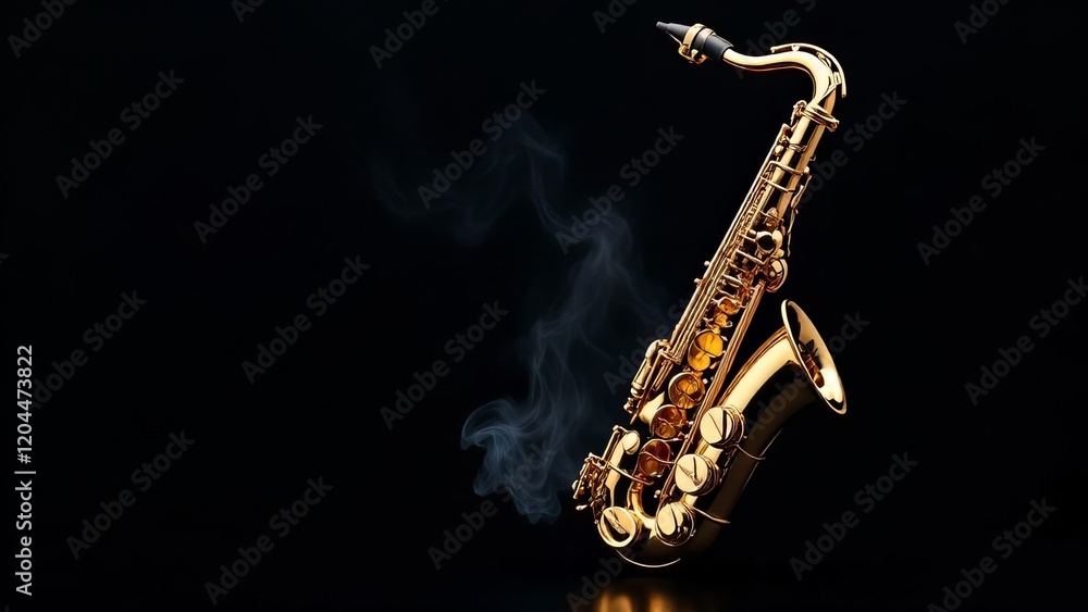 Fototapeta premium Golden shiny alto saxophone on black background with smoke. copy space 
