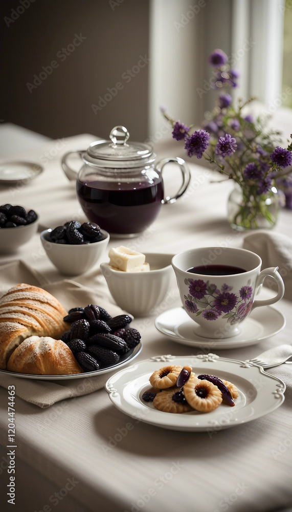 A sophisticated breakfast arrangement with pastries, berries, and jam presented on elegant white tableware, accompanied by flowers, offering a serene and delightful morning dining experience.
A sophisticated breakfast arrangement with pastries, berries, and jam presented on elegant white tableware, accompanied by flowers, offering a serene and delightful morning dining experience.