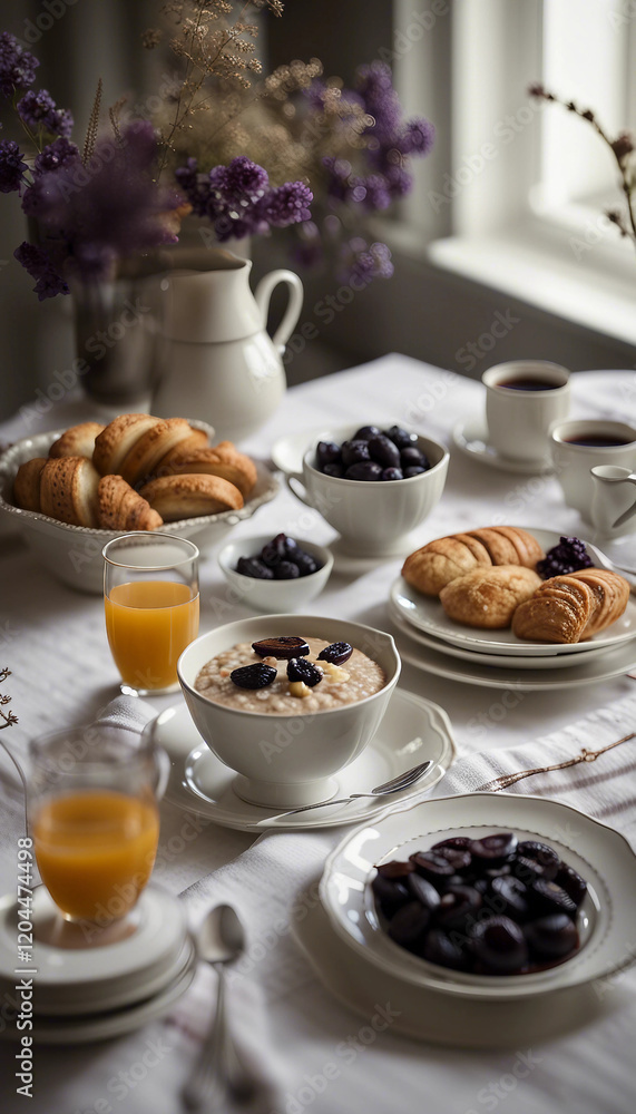 A sophisticated breakfast arrangement with pastries, berries, and jam presented on elegant white tableware, accompanied by flowers, offering a serene and delightful morning dining experience.
A sophisticated breakfast arrangement with pastries, berries, and jam presented on elegant white tableware, accompanied by flowers, offering a serene and delightful morning dining experience.