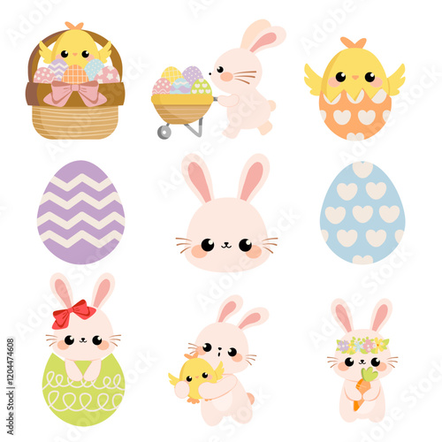 Set of cute kawaii easter icons. Chick, bunny, rabbit, painted decorated eggs, wheelbarrow, basket.