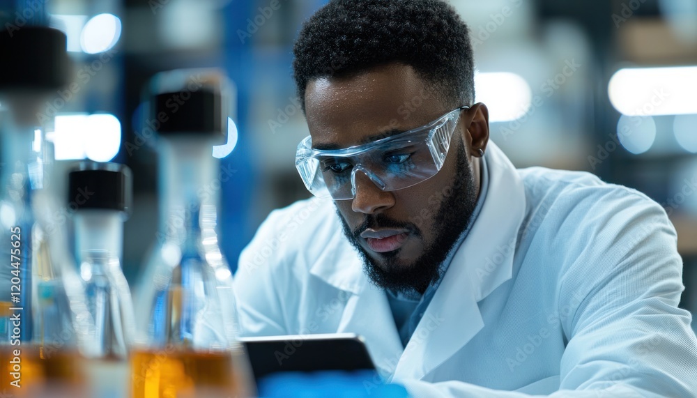 A thoughtful Black male scientist using a tablet to review data from an online research platform in a laboratory, illustrating the role of digital tools in modern scientific experiments. A thoughtful Black male scientist using a tablet to review data from an online research platform in a laboratory, illustrating the role of digital tools in modern scientific experiments.