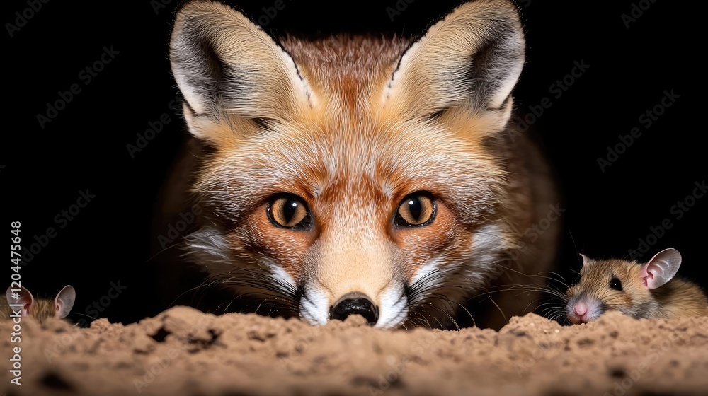 Fototapeta premium Red fox hunting mice at night, dark background, wildlife photography, nature poster