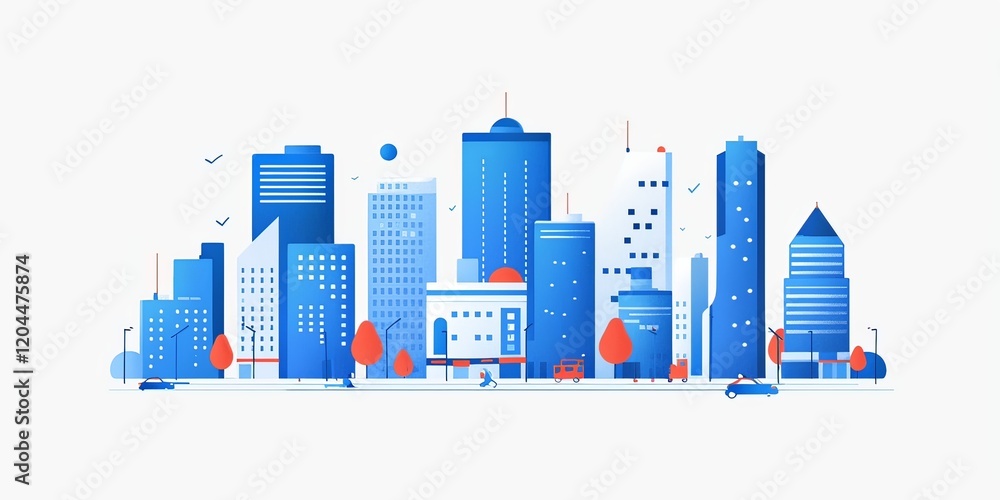 Obraz premium Simple City Buildings in Blue and Red Colors on White Background