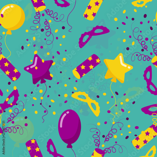 Party seamless pattern with confetti, masquerade mask, yellow and purple balloons on petrol background. Vector illustration for wallpaper, wrapping paper, decoration.