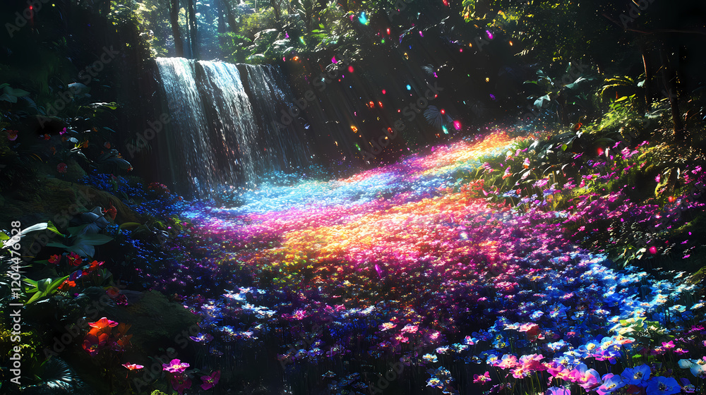 Forest floor carpeted with iridescent flowers that reflect the colors of the rainbow, leading to a shimmering waterfall. Shimmering Waterfall. Illustration Forest floor carpeted with iridescent flowers that reflect the colors of the rainbow, leading to a shimmering waterfall. Shimmering Waterfall. Illustration