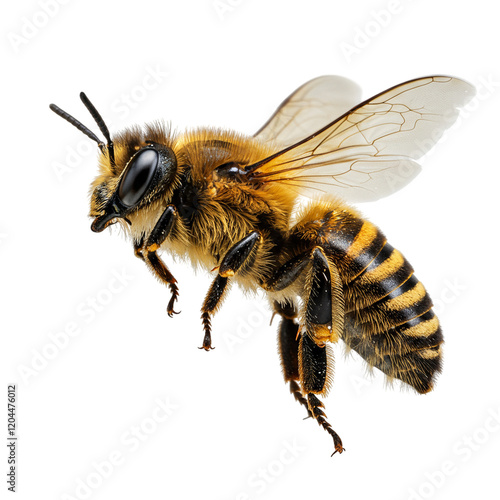 highly detailed image of bee in mid flight, macro, transparant background photo