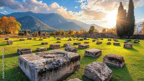 Pompeii ruins at sunset with mountains, autumn foliage background. photo