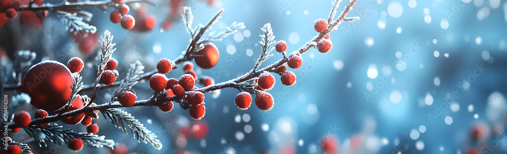 Festive Christmas Background with Red Baubles and Frosted Pine Branches Festive Christmas Background with Red Baubles and Frosted Pine Branches