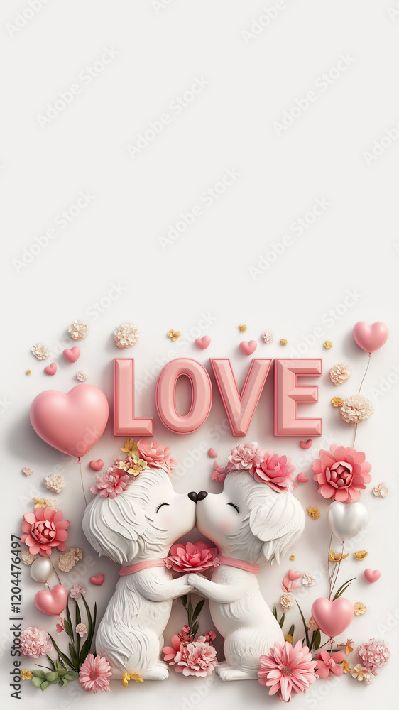 Colourful 3D cartoon image of two kissing puppies, holding a bouquet, surrounded by flowers and balloons. Title Colourful 3D cartoon image of two kissing puppies, holding a bouquet, surrounded by flowers and balloons. Title