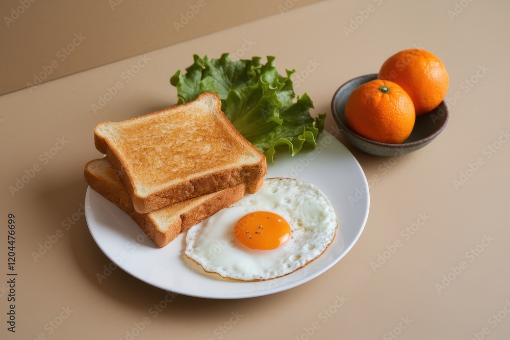Fototapeta premium A Delightful Breakfast: Toasted Bread, Fried Egg, and Oranges