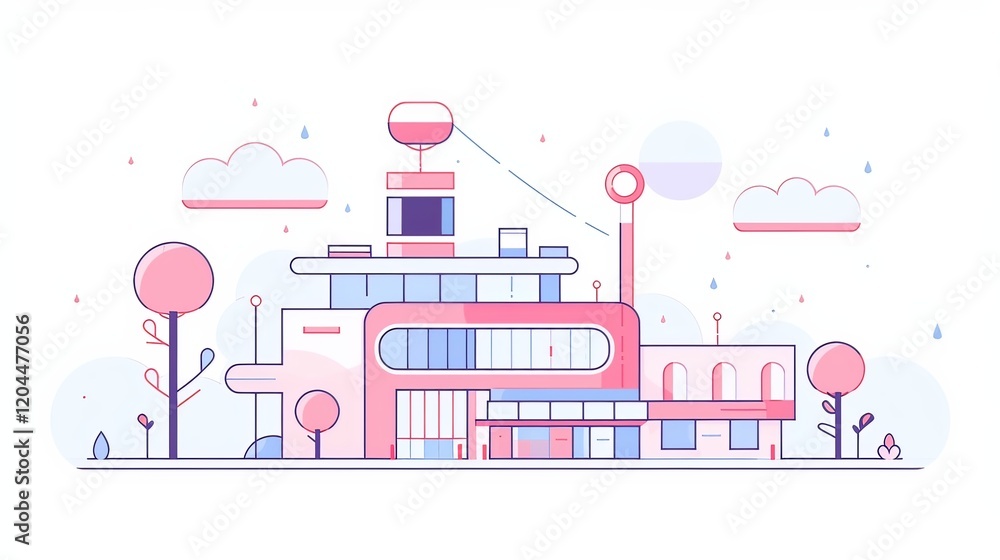Naklejka premium Simple City Buildings in Blue and Red Colors on White Background