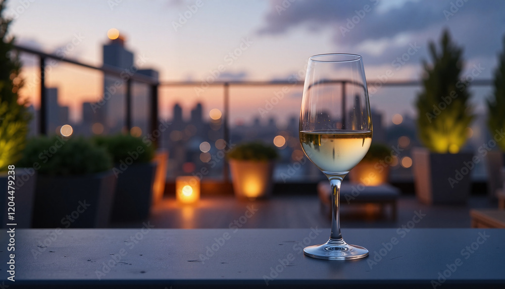 Glass of white wine against a city skyline at sunset, glass of wine on a terrace Glass of white wine against a city skyline at sunset, glass of wine on a terrace