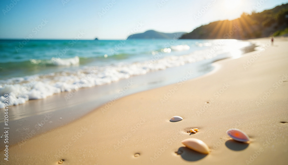Beach with seashells and gentle waves at sunset Beach with seashells and gentle waves at sunset