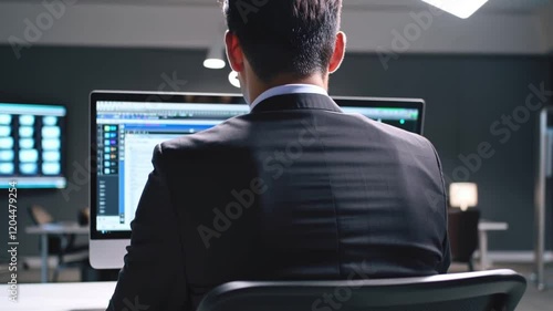 Create a young businessman working at a computer in a dark office, viewed from the back, with modern and digital media elements.