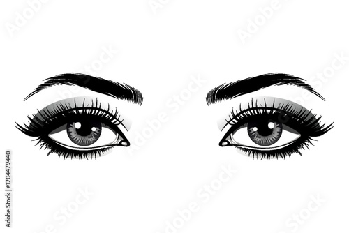 Beautiful female eyes with big lashes and eyebrows. Eyeliner glamour makeup. Vector icon