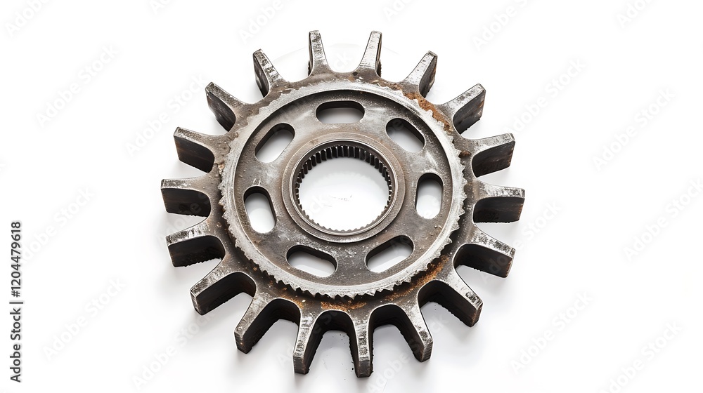 High-definition image of a metal gear in industrial style, top view, on a clean white background. High-definition image of a metal gear in industrial style, top view, on a clean white background.