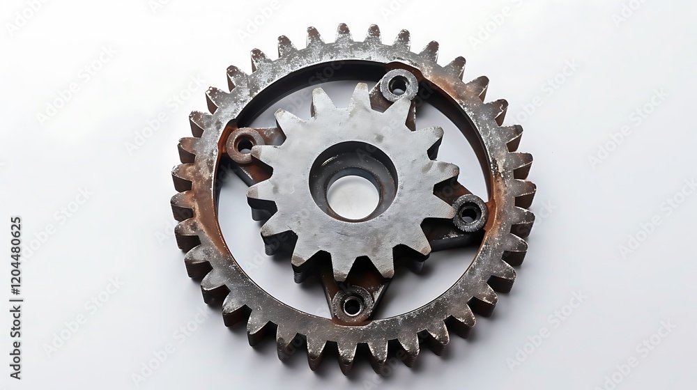 High-definition image of a metal gear in industrial style, top view, on a white background. High-definition image of a metal gear in industrial style, top view, on a white background.