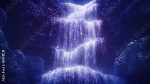 A majestic waterfall cascading down a towering mountain, its crystalline waters shimmering like a thousand diamonds in definition. Shimmering Waterfall. Illustration photo