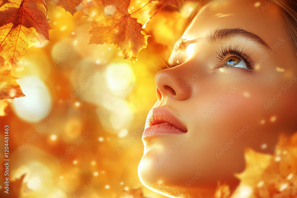 Woman in autumn, looking up under a canopy of colorful leaves in a close-up shot filled with seasonal charm. Woman in autumn, looking up under a canopy of colorful leaves in a close-up shot filled with seasonal charm.