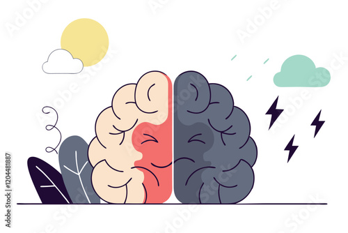 Abstract representation of bipolar mental brain disorder. Positive and negative emotions. Mental health problems