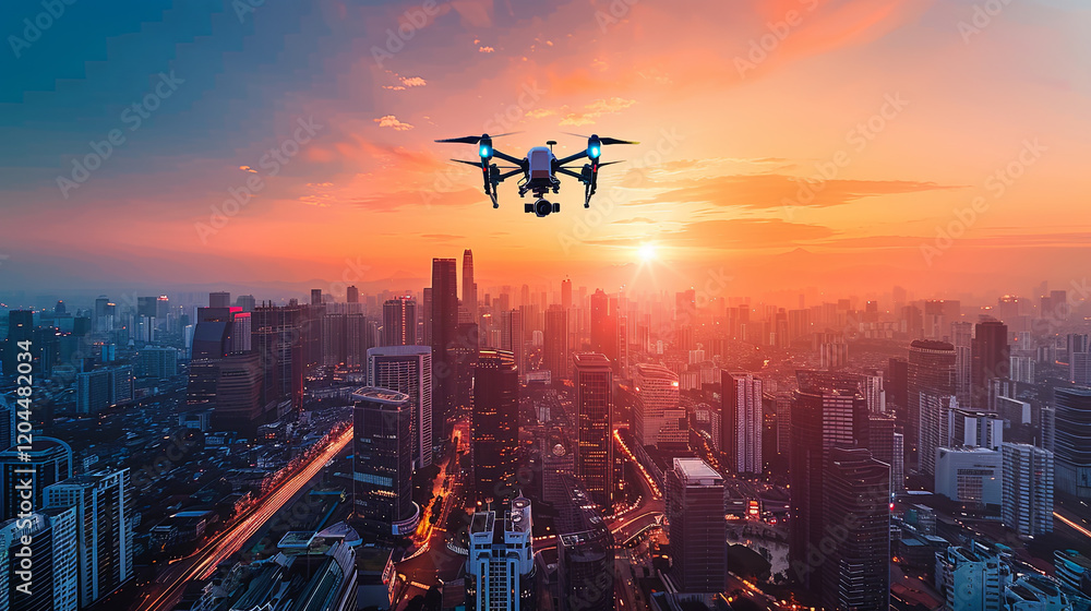 Futuristic City Skyline with Solar-Powered Skyscrapers and Flying Cars at Sunset Futuristic City Skyline with Solar-Powered Skyscrapers and Flying Cars at Sunset