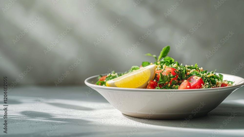 A fresh tabbouleh salad with finely chopped parsley, mint, tomatoes, and bulgur, served in a simple white bowl with a wedge of lemon A fresh tabbouleh salad with finely chopped parsley, mint, tomatoes, and bulgur, served in a simple white bowl with a wedge of lemon