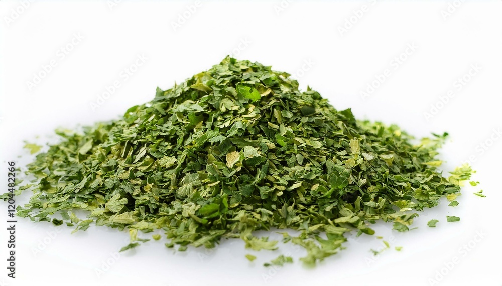 pile of dried parsley flakes forming small mound on white background pile of dried parsley flakes forming small mound on white background