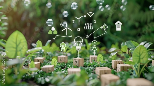 surrounded by a green forest and floating icons representing environmental protection, such as water bubbles, energy arrows, solar panels, and wind turbines. In front of them are wooden cubes displayi photo