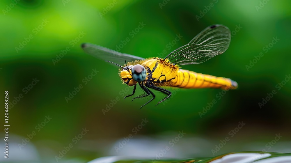 Yellow dragonfly in flight over water, green background, nature scene Yellow dragonfly in flight over water, green background, nature scene