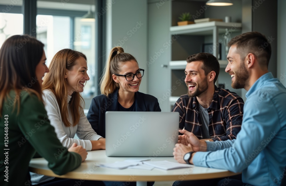 Happy business team sits around table in office. Looking at laptop computer, smiling. Look focused, engaged in meeting. Diverse team. People laughing. Looks like collaborative workplace. Happy business team sits around table in office. Looking at laptop computer, smiling. Look focused, engaged in meeting. Diverse team. People laughing. Looks like collaborative workplace.